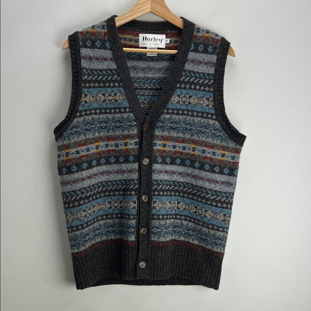 Harley of Scotland Fair Isle Button Down Vest 100% Wool Mens Medium Heritage